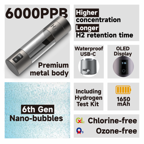 Hydrogen Water Bottle Generator Inhaler with Nasal Tube, Ultra-High ppb 5000-7000, Premium Metal Body BPA-Free Long Battery Life